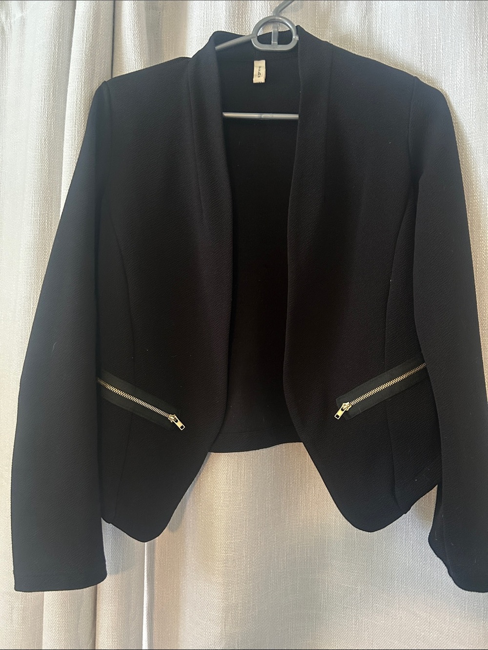 Black Women's Open-Front Blazer Jacket with Gold Zip Pockets